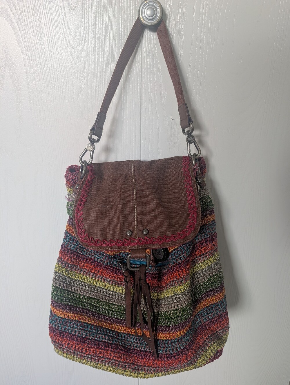 Le Sac Multicolor Crochet Canvas Shoulder Bag with Brown Flap